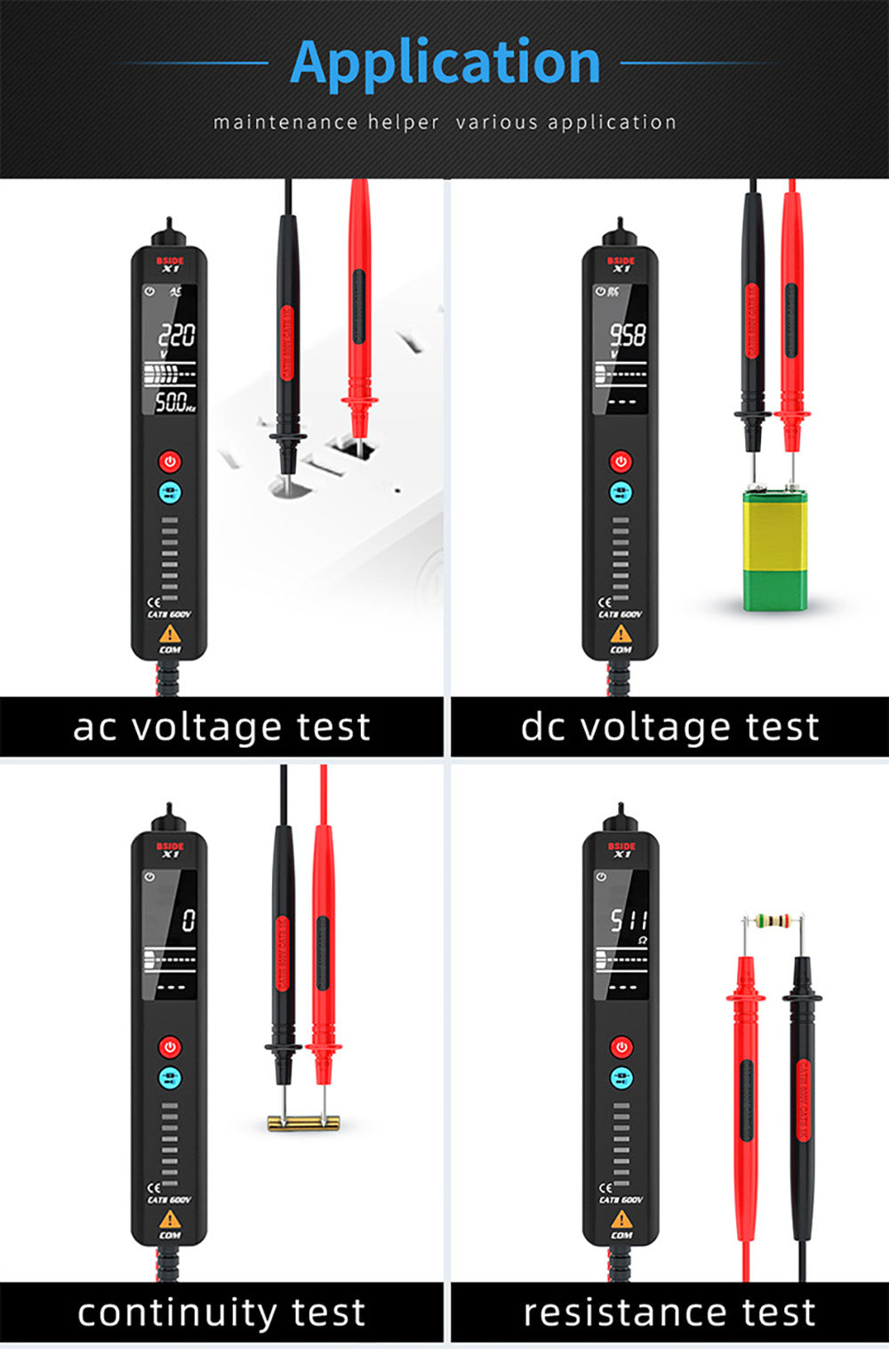 Detector de voltaje inteligente BSIDE X1, multímetro, bolígrafo eléctrico, comprobación de puntos de interrupción, pantalla LCD grande, linterna, medidor de Hz, ohmios y NCV de cable vivo, sin pilas.