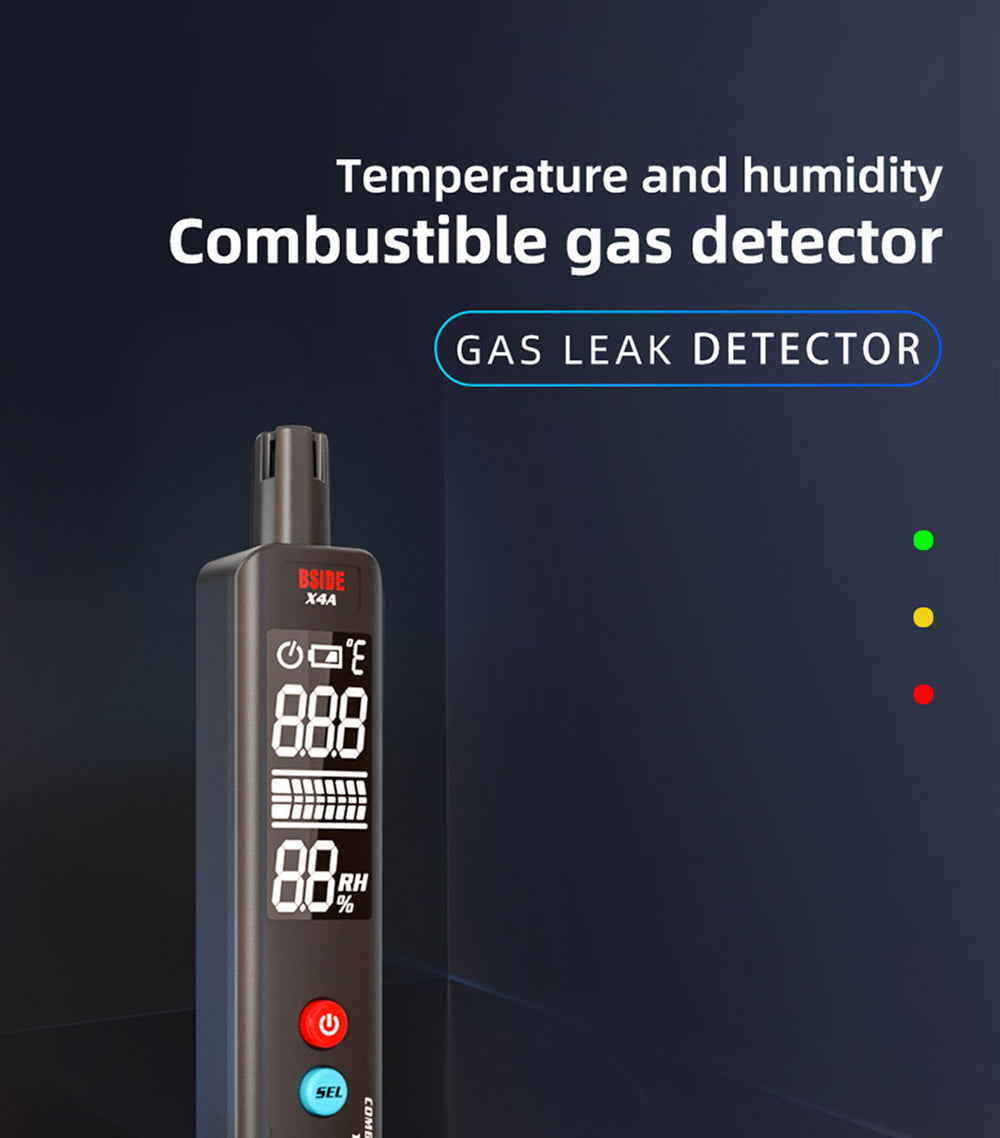 Detector de gas e higrómetro digital BSIDE X4A, analizador de gas combustible, medidor de temperatura y humedad, con alarma sonora y visual, pantalla LCD, sin pilas, con bolsa.