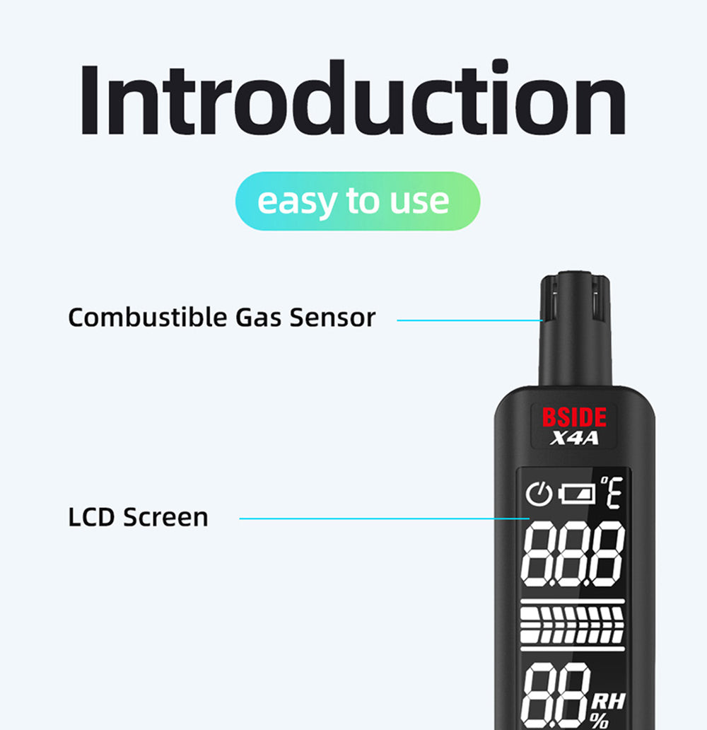 Detector de gas e higrómetro digital BSIDE X4A, analizador de gas combustible, medidor de temperatura y humedad, con alarma sonora y visual, pantalla LCD, sin pilas, con bolsa.