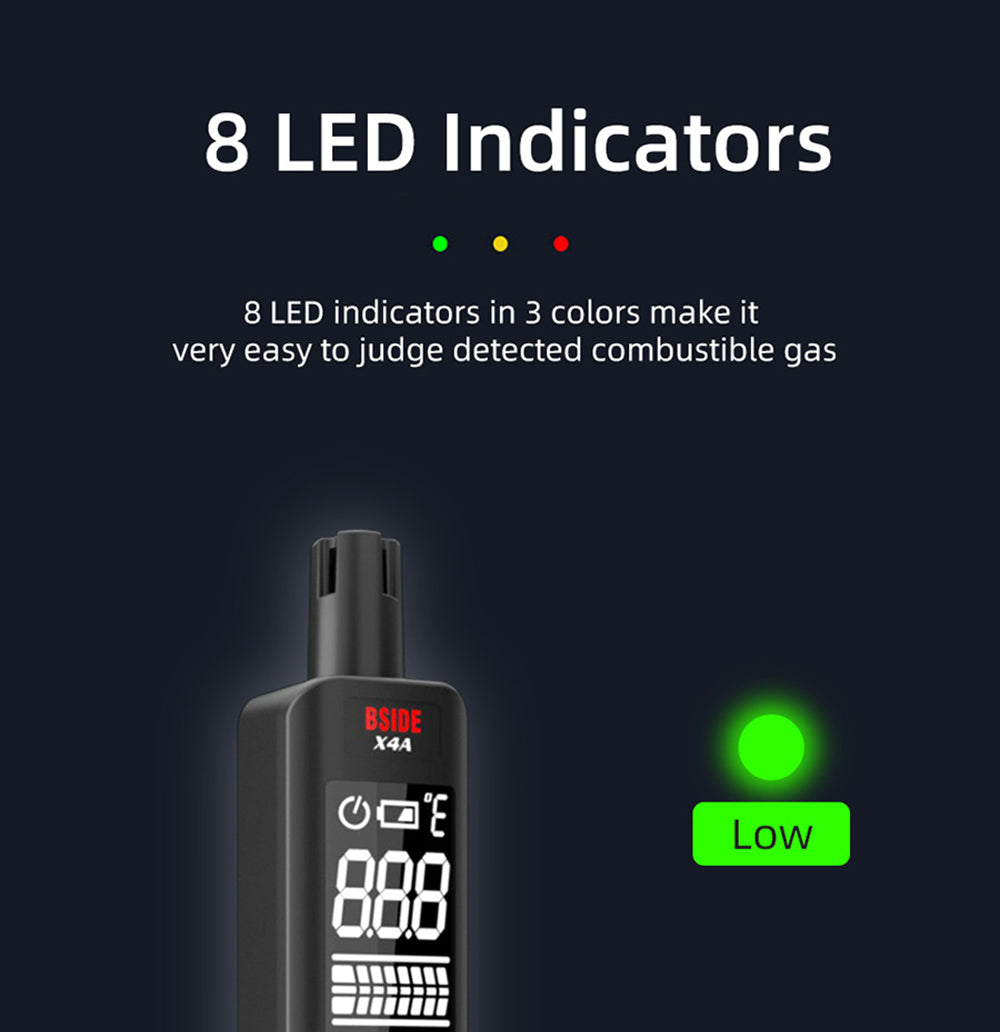 Detector de gas e higrómetro digital BSIDE X4A, analizador de gas combustible, medidor de temperatura y humedad, con alarma sonora y visual, pantalla LCD, sin pilas, con bolsa.