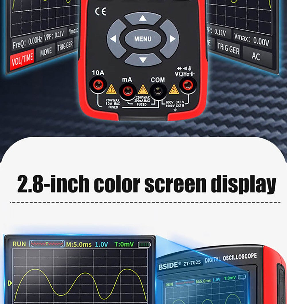 Multímetro digital BSIDE ZT702S, osciloscopio, RMS verdadero automático, medidor de sonda de transistor, forma de onda de PC de 48 M/s y 10 MHz, pantalla LCD de 2,8 pulgadas.
