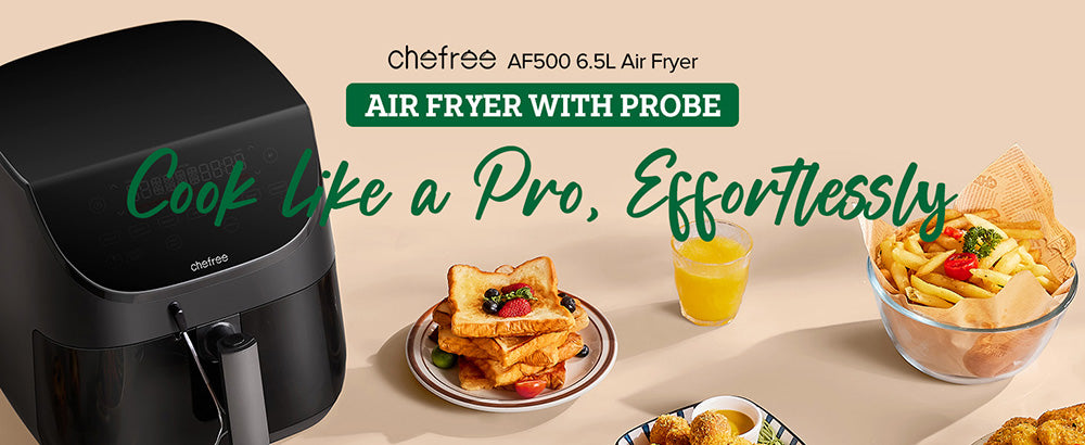 CHEFREE AF500 Freidora de Aire de 6.5L y 1700W, con Termómetro Inteligente con Sonda, 8 Modos de Cocción, Calentamiento Rápido a 230℃, Recordatorio para Agitar - Negro