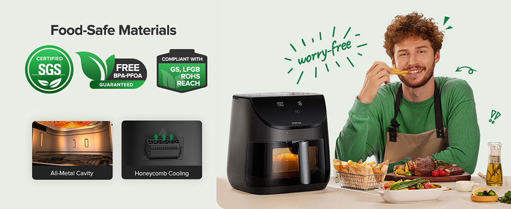 CHEFREE AF500 Freidora de Aire de 6.5L y 1700W, con Termómetro Inteligente con Sonda, 8 Modos de Cocción, Calentamiento Rápido a 230℃, Recordatorio para Agitar - Negro