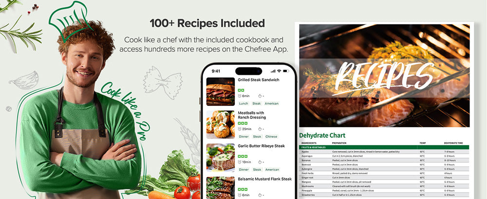 CHEFREE AF500 Freidora de Aire de 6.5L y 1700W, con Termómetro Inteligente con Sonda, 8 Modos de Cocción, Calentamiento Rápido a 230℃, Recordatorio para Agitar - Negro