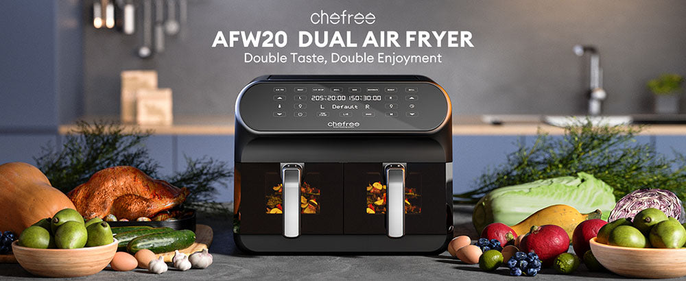 CHEFREE AFW20 Freidora de Aire Dual, con Ventana de Visualización, Tamaño Familiar de 8L, Antiadherente, 8 Programas Inteligentes en 1, Apta para Lavavajillas, Asa, Grilla, Hornea y Deshidrata