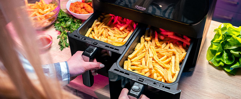 CHEFREE AFW20 Freidora de Aire Dual, con Ventana de Visualización, Tamaño Familiar de 8L, Antiadherente, 8 Programas Inteligentes en 1, Apta para Lavavajillas, Asa, Grilla, Hornea y Deshidrata