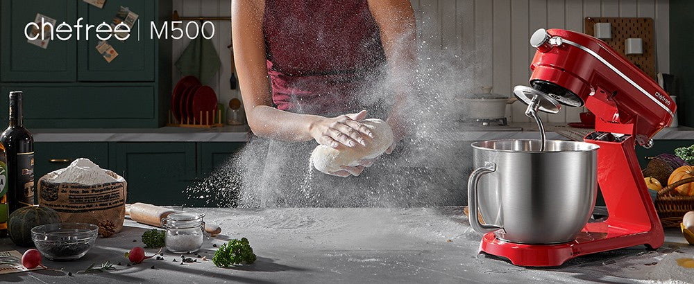 Batidora amasadora de cocina Chefree M500, bol de acero inoxidable de 7L, máquina para masa, 10 niveles de velocidad, 3 accesorios de mezcla, potencia de 1800W, roja.