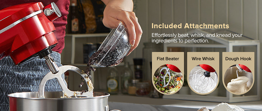 Batidora amasadora de cocina Chefree M500, bol de acero inoxidable de 7L, máquina para masa, 10 niveles de velocidad, 3 accesorios de mezcla, potencia de 1800W, roja.