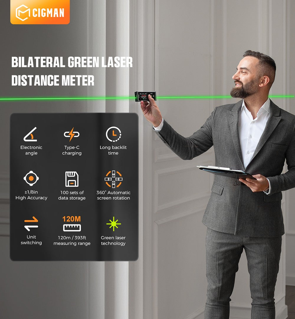 CIGMAN CD-60G Medidor Láser Bilateral Verde de 120 m (393 pies), con Unidades Múltiples en Pies/Pulgadas/Metros, Batería Recargable de 850 mAh