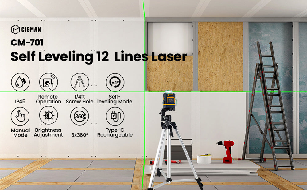 Nivel láser autonivelante CIGMAN CM-701 3x360°, línea cruzada verde 3D de 30 metros (100 pies), batería recargable, control remoto.