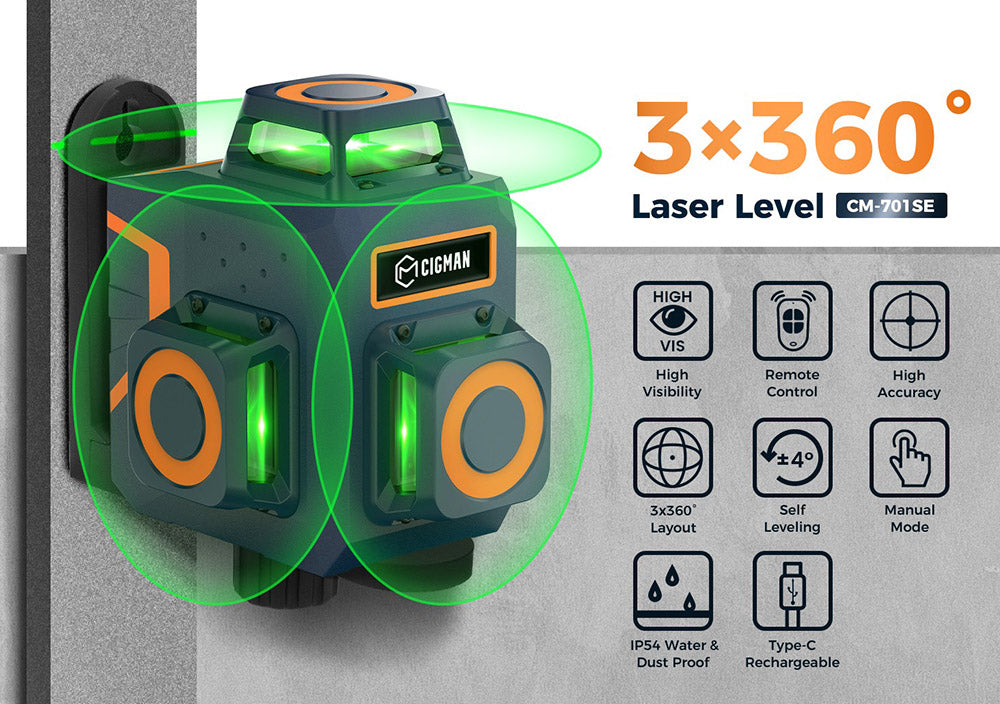 Nivel láser CIGMAN CM-701SE 3x360° de 12 líneas, autonivelante, línea cruzada verde 3D, con mando a distancia y soporte magnético en forma de L, alcance de hasta 50 m, protección contra agua y polvo IP54.