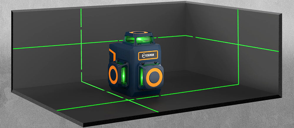 Nivel láser CIGMAN CM-701SE 3x360° de 12 líneas, autonivelante, línea cruzada verde 3D, con mando a distancia y soporte magnético en forma de L, alcance de hasta 50 m, protección contra agua y polvo IP54.