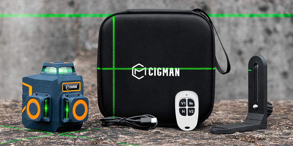 Nivel láser CIGMAN CM-701SE 3x360° de 12 líneas, autonivelante, línea cruzada verde 3D, con mando a distancia y soporte magnético en forma de L, alcance de hasta 50 m, protección contra agua y polvo IP54.