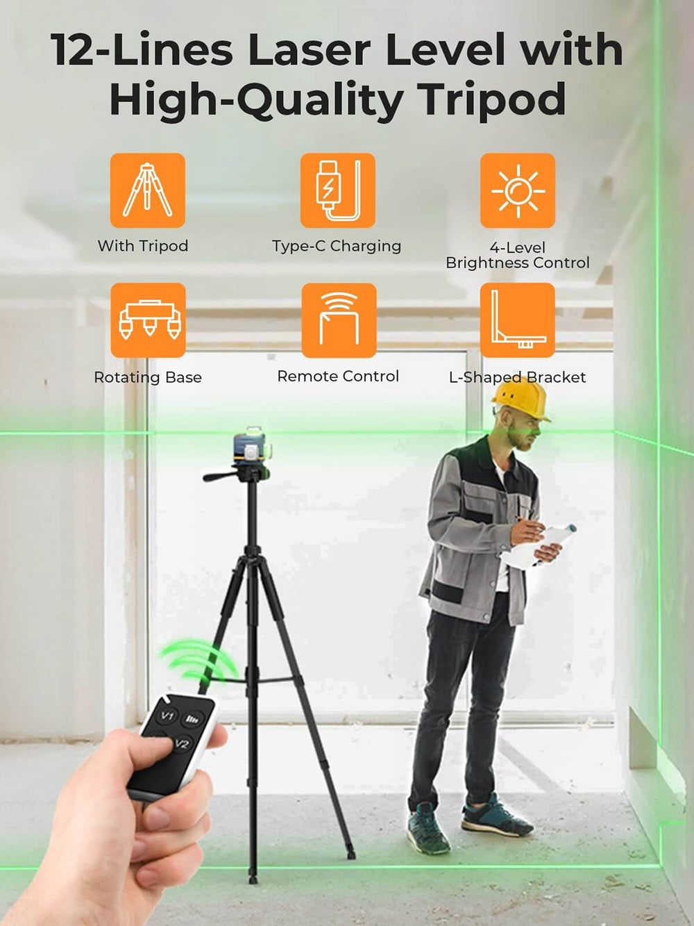 Nivel Láser CIGMAN CM-701T 3x360° con Trípode de 1,5 m, Control Remoto, Autonivelación, Batería de 4000 mAh