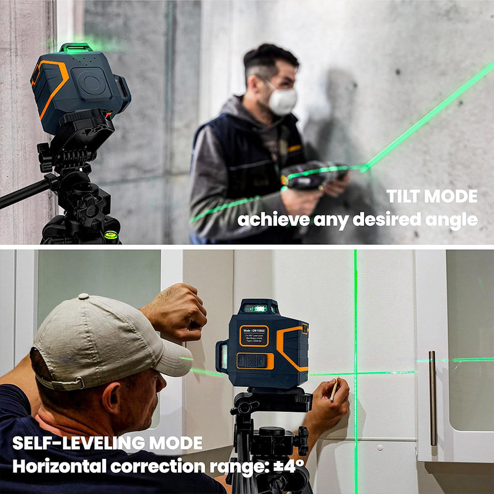 Nivel Láser CIGMAN CM-720SE 2x360° de 8 líneas, línea cruzada verde, autonivelante, IP54 a prueba de goteo y polvo, con base magnética en forma de L recargable tipo C.