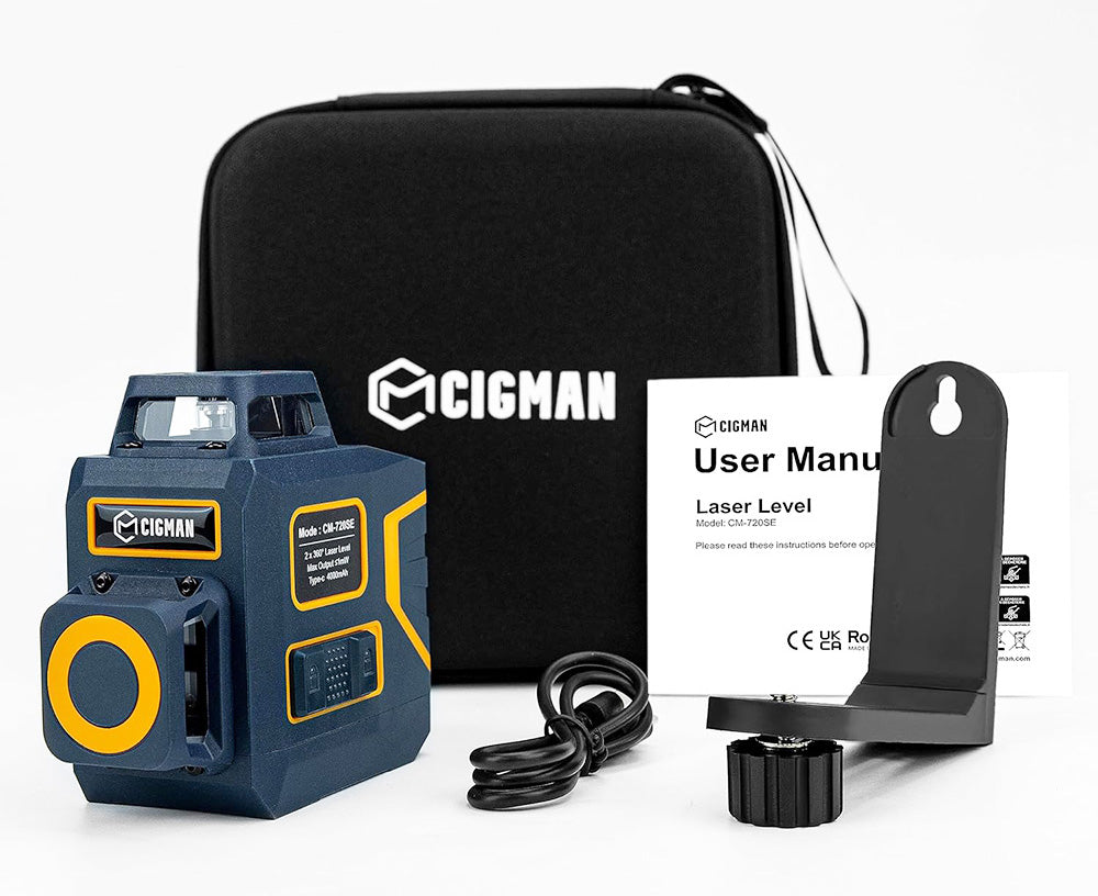 Nivel Láser CIGMAN CM-720SE 2x360° de 8 líneas, línea cruzada verde, autonivelante, IP54 a prueba de goteo y polvo, con base magnética en forma de L recargable tipo C.