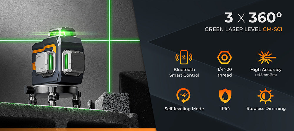 Nivel Láser de 12 Líneas CIGMAN CM-S01, con Control por APP, 3x360°, Nivelación Automática y Modo Manual, Atenuación Continua, 30h de Tiempo Máx. de Uso, Resistente al Agua IP54