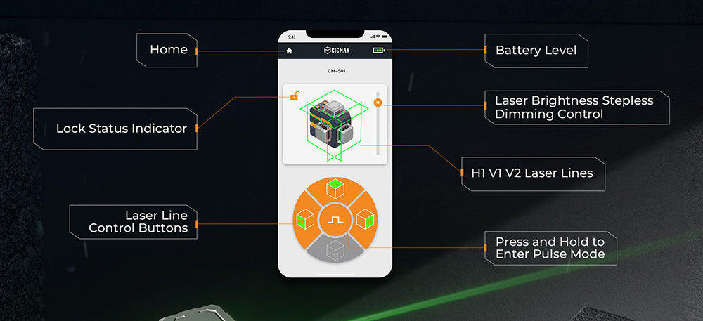 Nivel Láser de 12 Líneas CIGMAN CM-S01, con Control por APP, 3x360°, Nivelación Automática y Modo Manual, Atenuación Continua, 30h de Tiempo Máx. de Uso, Resistente al Agua IP54