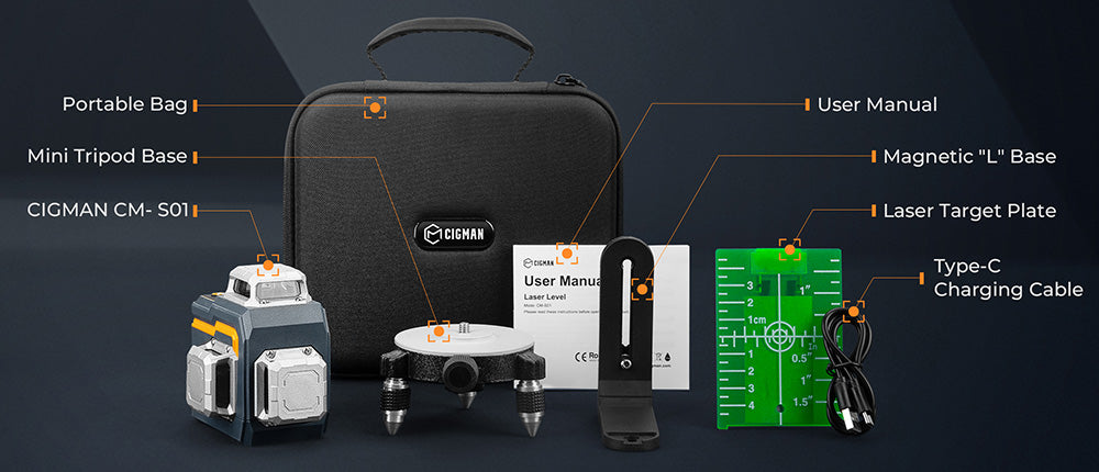 Nivel Láser de 12 Líneas CIGMAN CM-S01, con Control por APP, 3x360°, Nivelación Automática y Modo Manual, Atenuación Continua, 30h de Tiempo Máx. de Uso, Resistente al Agua IP54