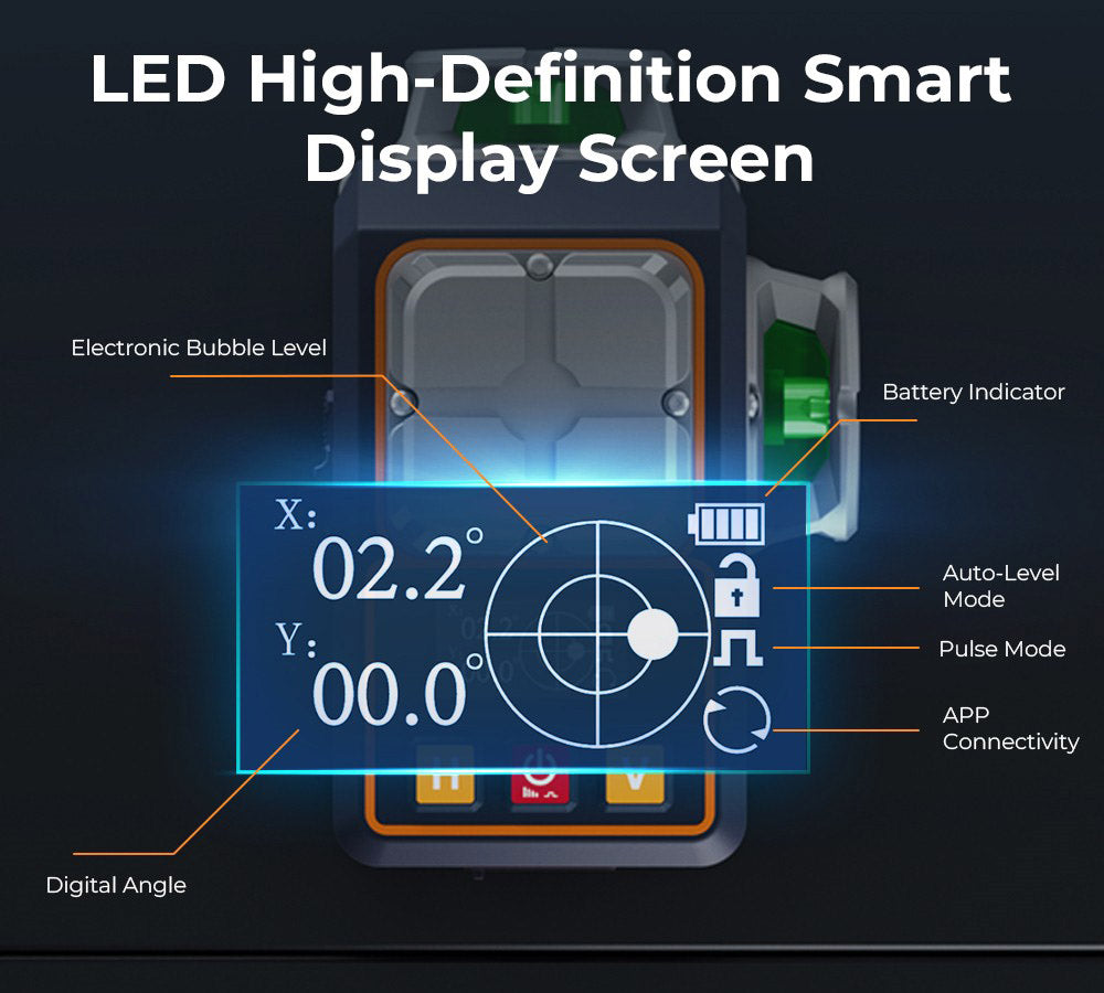 Nivel Láser CIGMAN CM-S02 4x360° de 16 líneas, control por APP, pantalla LCD, tiempo de funcionamiento ultra prolongado de 40 horas.