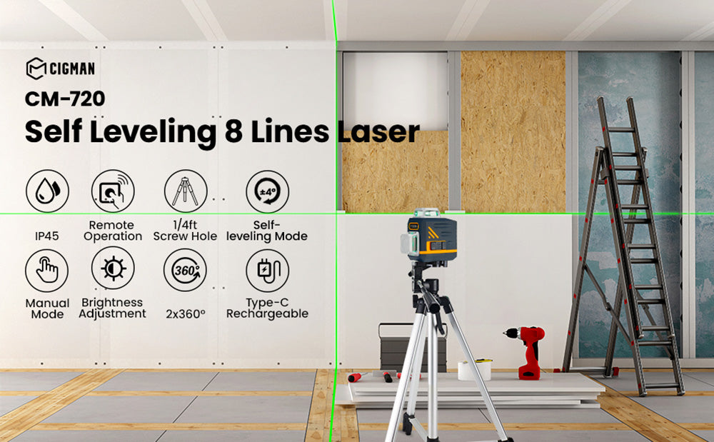 Nivel láser de líneas cruzadas CIGMAN CM720 2 x 360° de 8 líneas, línea cruzada verde, autonivelante, con control remoto, recargable tipo C, soporte giratorio magnético, resistente al agua y al polvo IP45, alcance de trabajo de 30 metros (100 pies).