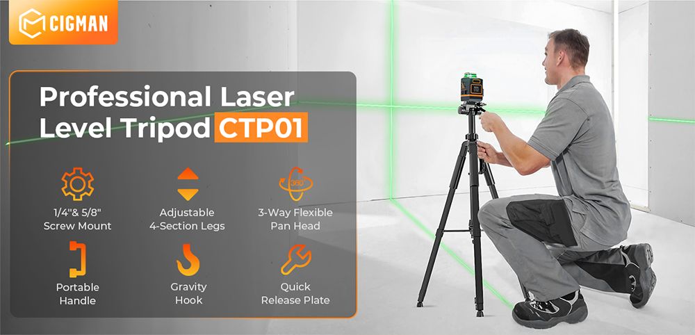 Trípode para nivel láser CIGMAN CTP01 de 1,5 m/59 pulgadas, con cabezal panorámico giratorio de 3 vías y soporte para teléfono, placa de liberación rápida con 1/4.
