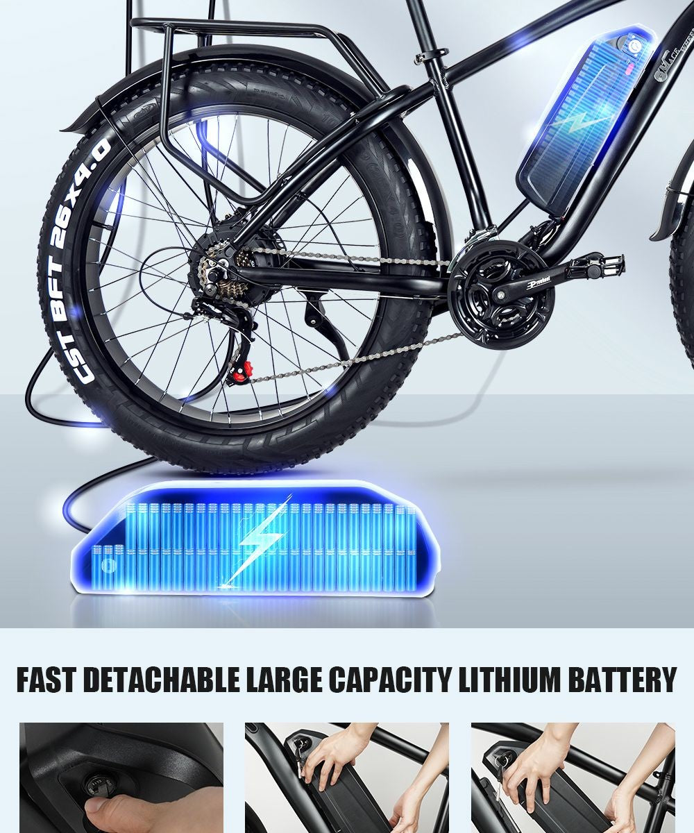 CMACEWHEEL M26 Electric Bike 26*4.0 inch CST Fat Tire 750W Motor 40-45km/h Max Speed 48V 17Ah Battery 110km Range - Grey