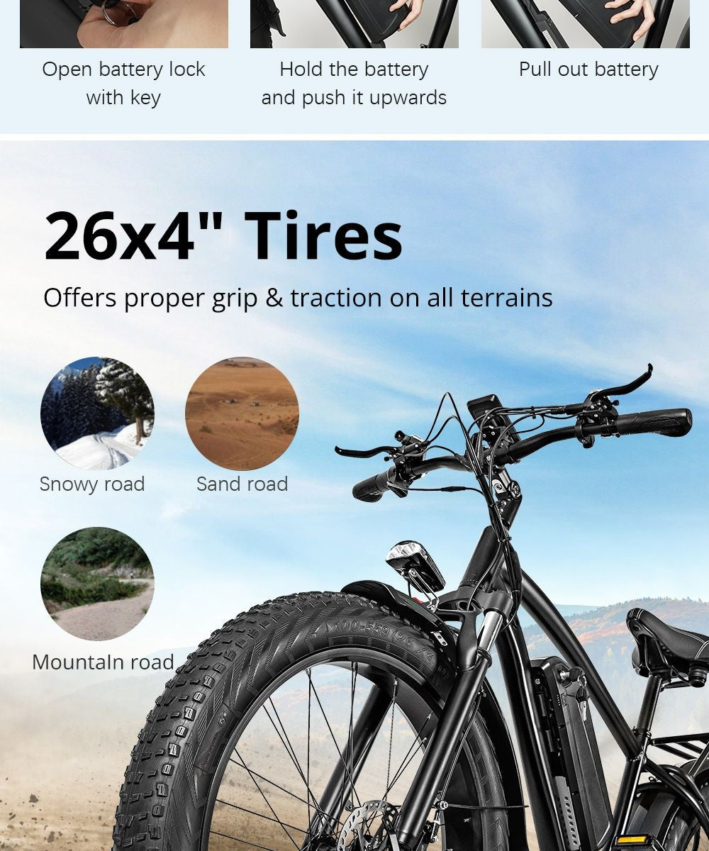 CMACEWHEEL M26 Electric Bike 26*4.0 inch CST Fat Tire 750W Motor 40-45km/h Max Speed 48V 17Ah Battery 110km Range - Grey