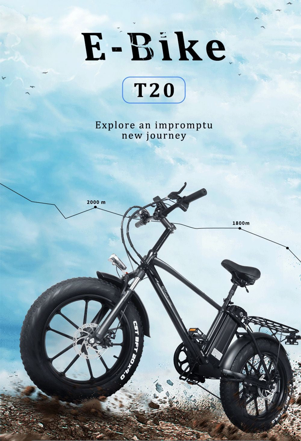 CMACEWHEEL T20 Electric Bike 20*4.0 inch CST Tire 750W Motor 40-45km/h Max Speed 17Ah Battery - Black