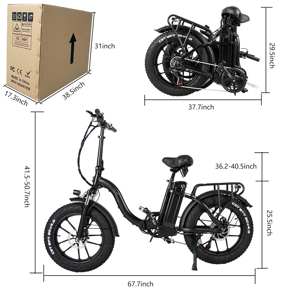 CMACEWHEEL Y20 Folding Electric Bike, 250W Motor, 48V 18Ah Battery, 20 x 4.0'' CST Fat Tires, 25km/h Max Speed, 70-90km Range, Front & Rear Disc Brake, IP65 Waterproof - Black