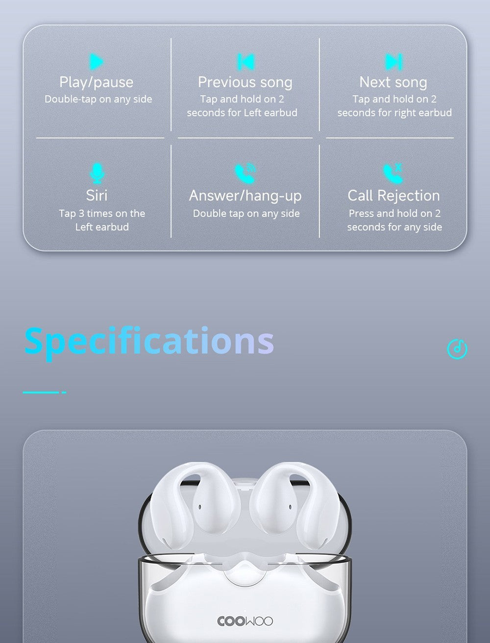 Auriculares de oído abierto con clip Bluetooth Coowoo Air Pro 6 - Blanco