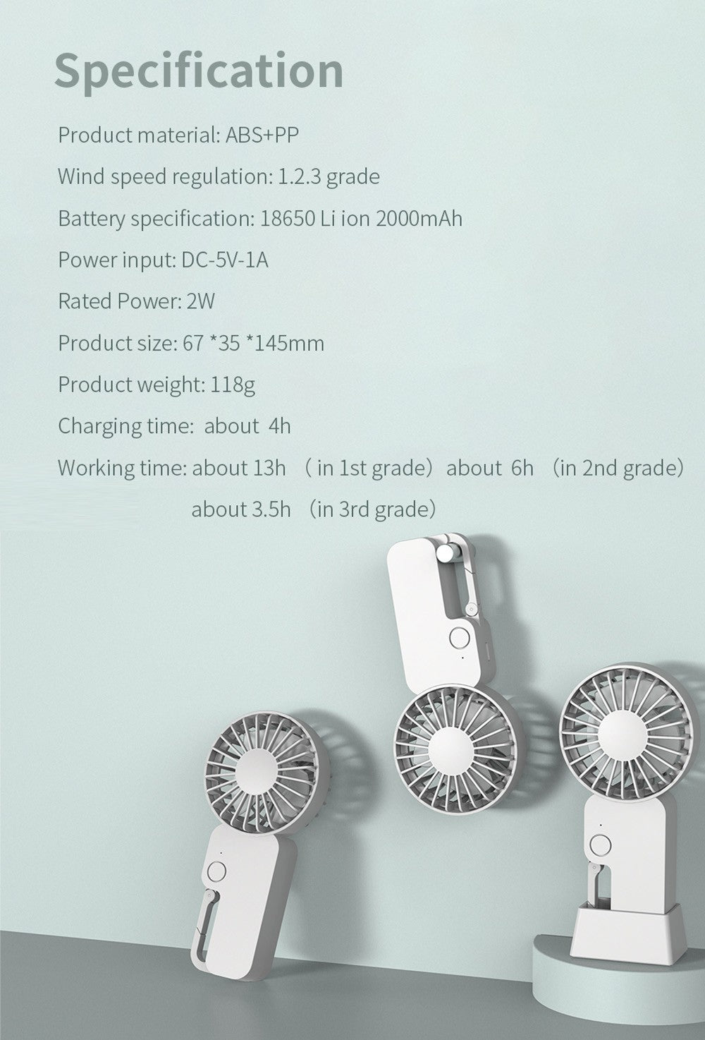 COOWOO HP1013 Mini ventilador con hebilla para mochila, 3 velocidades de viento, batería de 2000 mAh, hasta 13 horas de autonomía, ventilador de escritorio silencioso.