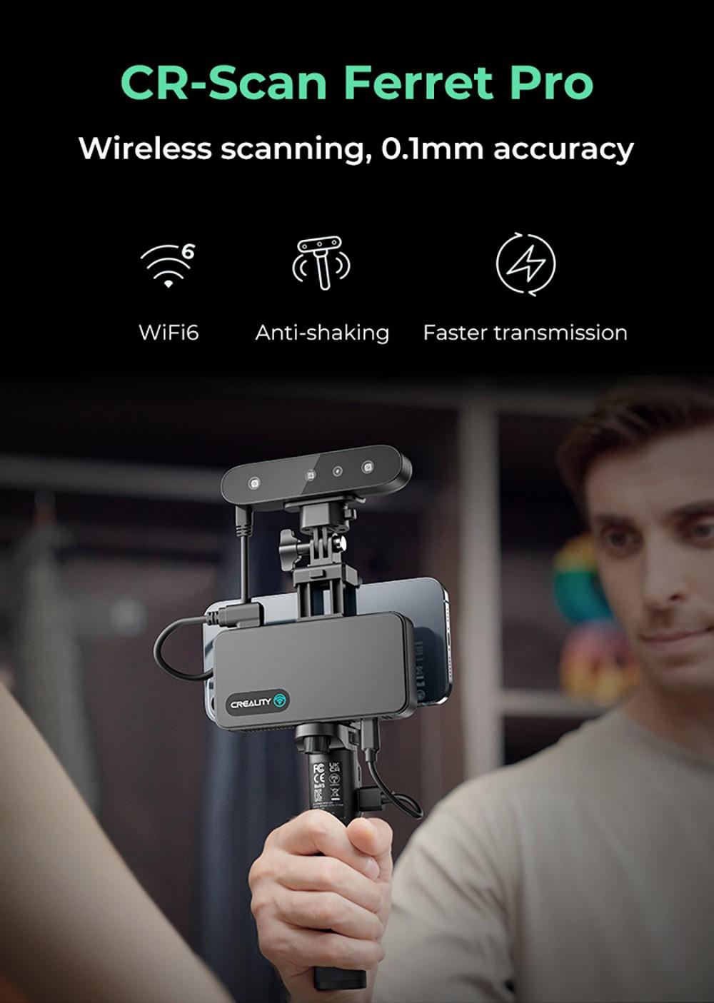 Escáner 3D Creality CR-Scan Ferret Pro, velocidad de escaneo de hasta 30 fps, precisión de 0,1 mm, distancia de trabajo de 150-700 mm, rango de captura individual de 560*820 mm, escaneo mínimo de 150x150 mm, conexión inalámbrica.