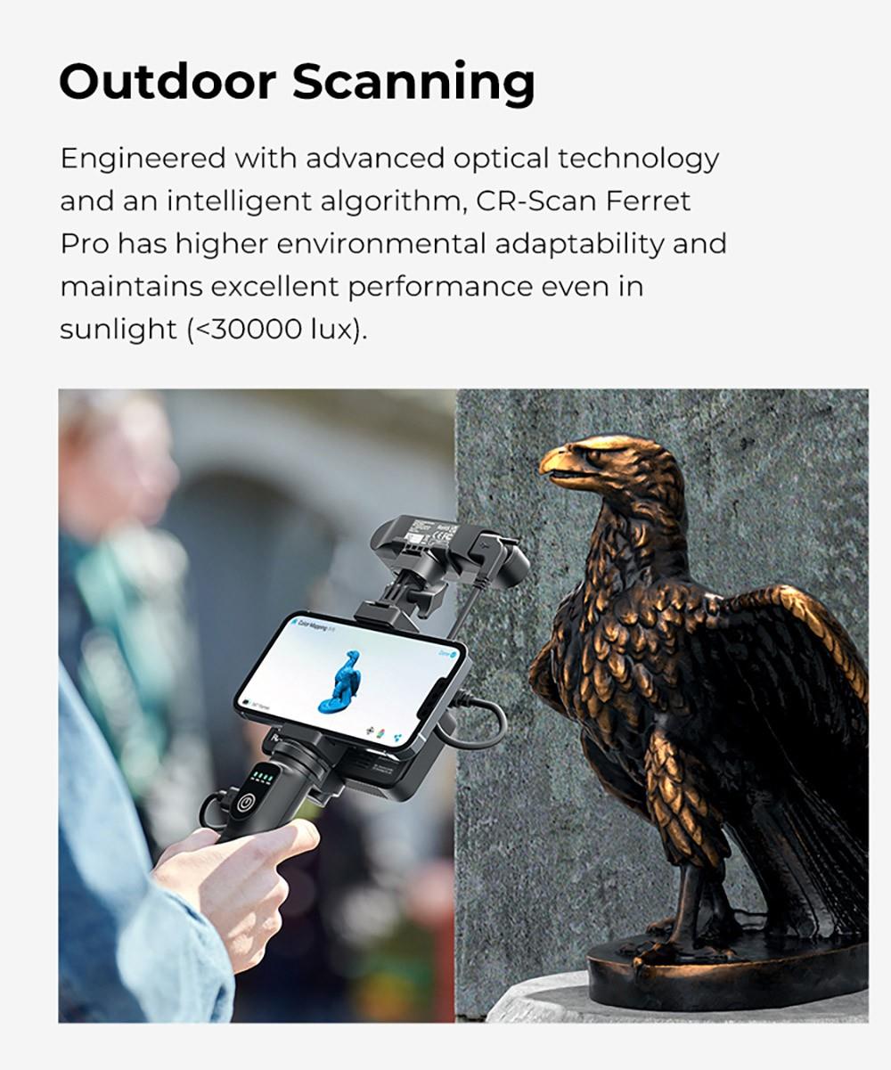 Escáner 3D Creality CR-Scan Ferret Pro, velocidad de escaneo de hasta 30 fps, precisión de 0,1 mm, distancia de trabajo de 150-700 mm, rango de captura individual de 560*820 mm, escaneo mínimo de 150x150 mm, conexión inalámbrica.