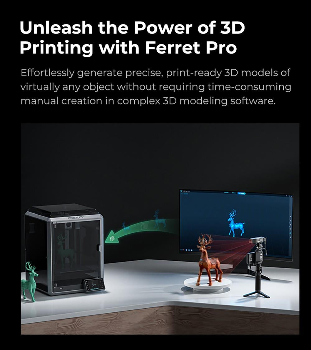 Escáner 3D Creality CR-Scan Ferret Pro, velocidad de escaneo de hasta 30 fps, precisión de 0,1 mm, distancia de trabajo de 150-700 mm, rango de captura individual de 560*820 mm, escaneo mínimo de 150x150 mm, conexión inalámbrica.