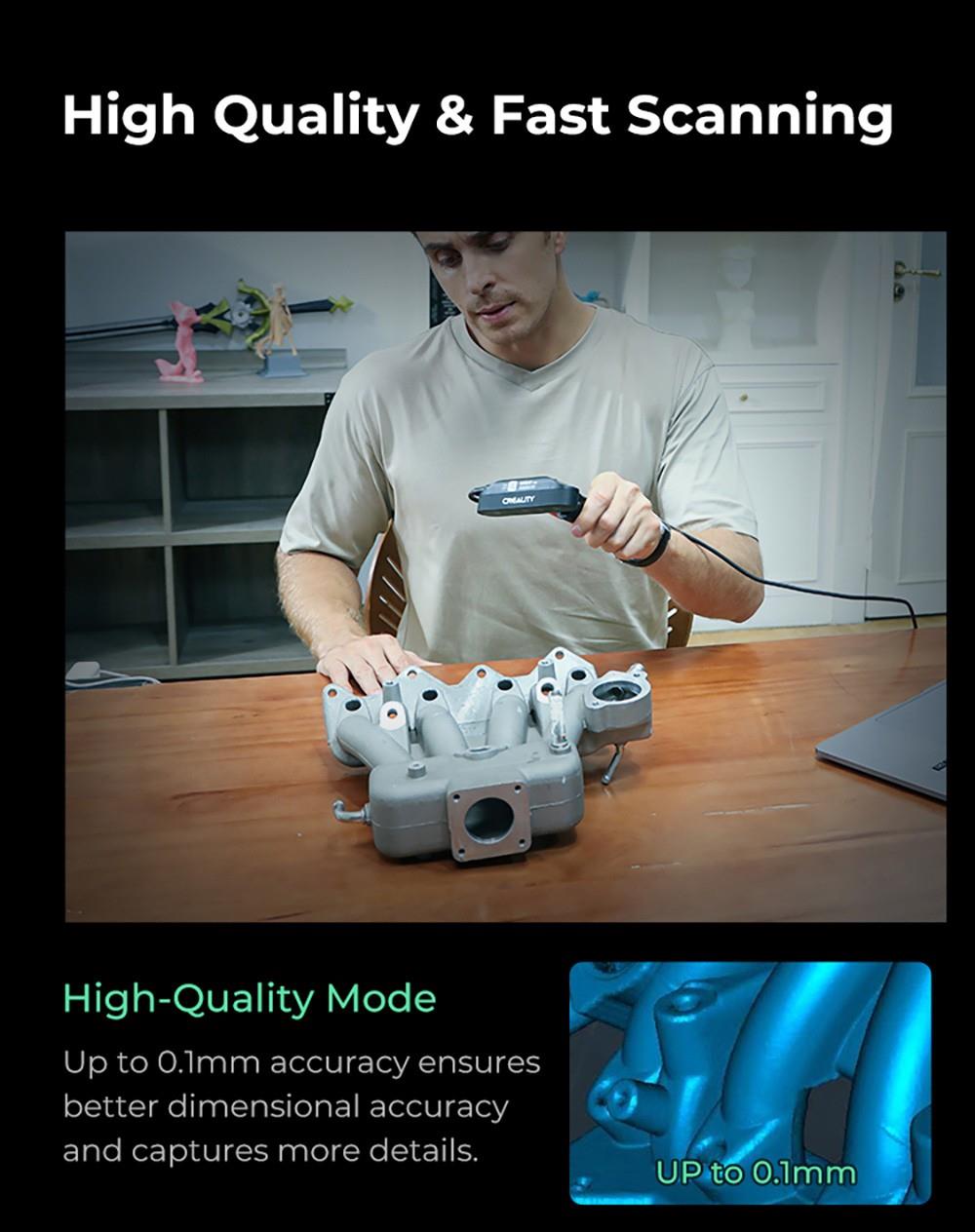 Escáner 3D Creality CR-Scan Ferret Pro, velocidad de escaneo de hasta 30 fps, precisión de 0,1 mm, distancia de trabajo de 150-700 mm, rango de captura individual de 560*820 mm, escaneo mínimo de 150x150 mm, conexión inalámbrica.