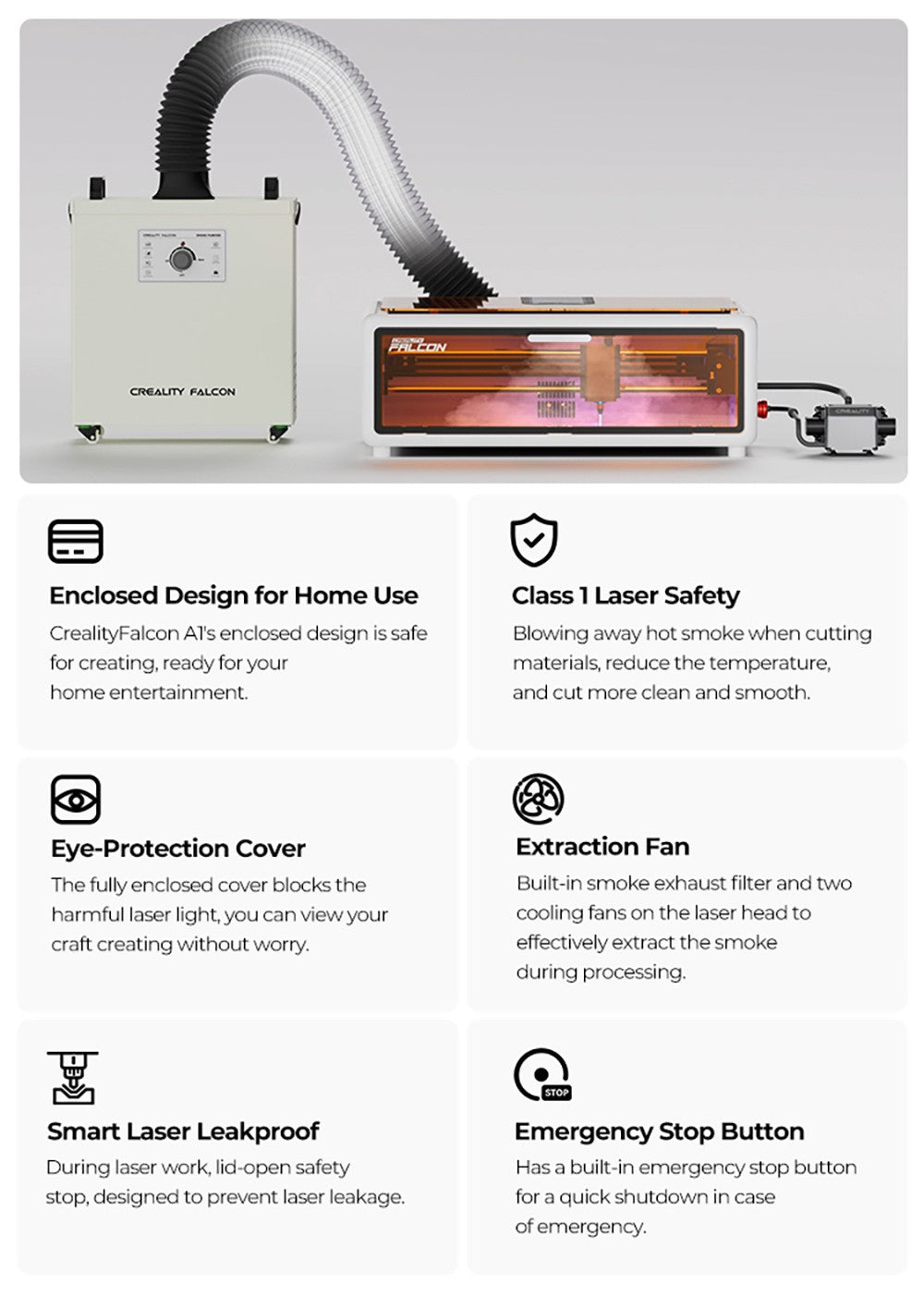 Creality Falcon A1 Láser de Clase 1 FDA de 10W, Grabado Rápido a 600mm/s, Cámara Incorporada, Detección Inteligente de Materiales, Cubierta de Protección Ocular, Punto Comprimido de 0.06 - 0.08mm, Ventilador de Extracción, 305*381mm
