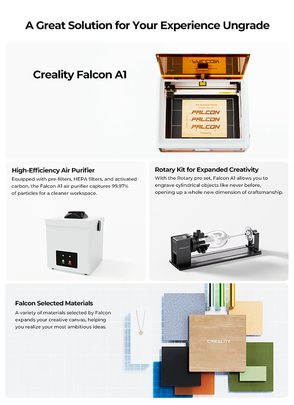 Creality Falcon A1 Láser de Clase 1 FDA de 10W, Grabado Rápido a 600mm/s, Cámara Incorporada, Detección Inteligente de Materiales, Cubierta de Protección Ocular, Punto Comprimido de 0.06 - 0.08mm, Ventilador de Extracción, 305*381mm
