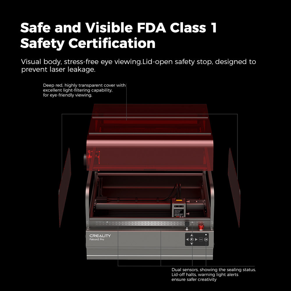 Grabador y cortador láser Creality Falcon2 Pro de 40 W, certificación de seguridad FDA Clase 1, extracción de humos, asistencia de aire integrada, cámara incorporada, tira de protección tipo valla, monitorización de fuego/flujo de aire/lente, 400*415 mm