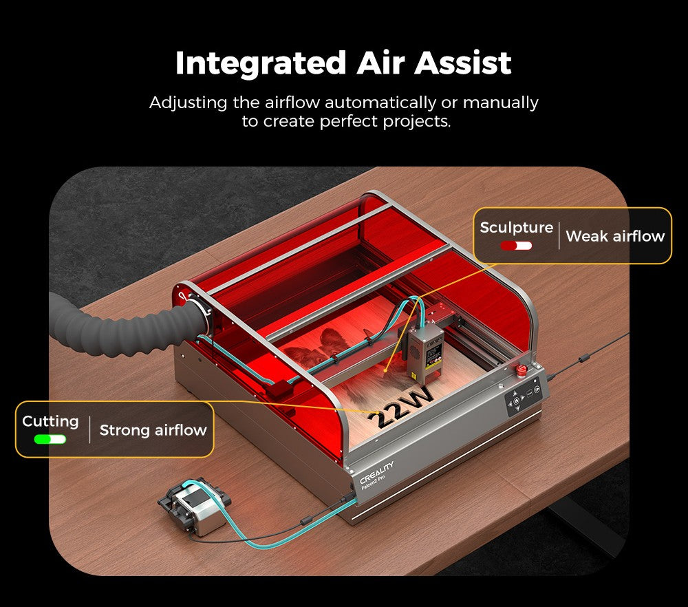 Grabador y cortador láser Creality Falcon2 Pro de 40 W, certificación de seguridad FDA Clase 1, extracción de humos, asistencia de aire integrada, cámara incorporada, tira de protección tipo valla, monitorización de fuego/flujo de aire/lente, 400*415 mm
