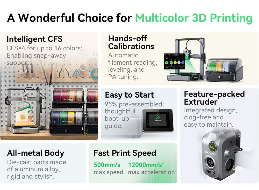 Creality Hi Combo, Sistema Multimaterial CFS, Impresión rápida a 500 mm/s, Cámara de monitorización con tapa de privacidad, Hasta 16 colores, Calibración automática, Nivelación automática de la cama, Reducción de la inclinación del eje X, Cuerpo totalmente metálico, 260*260*300 mm