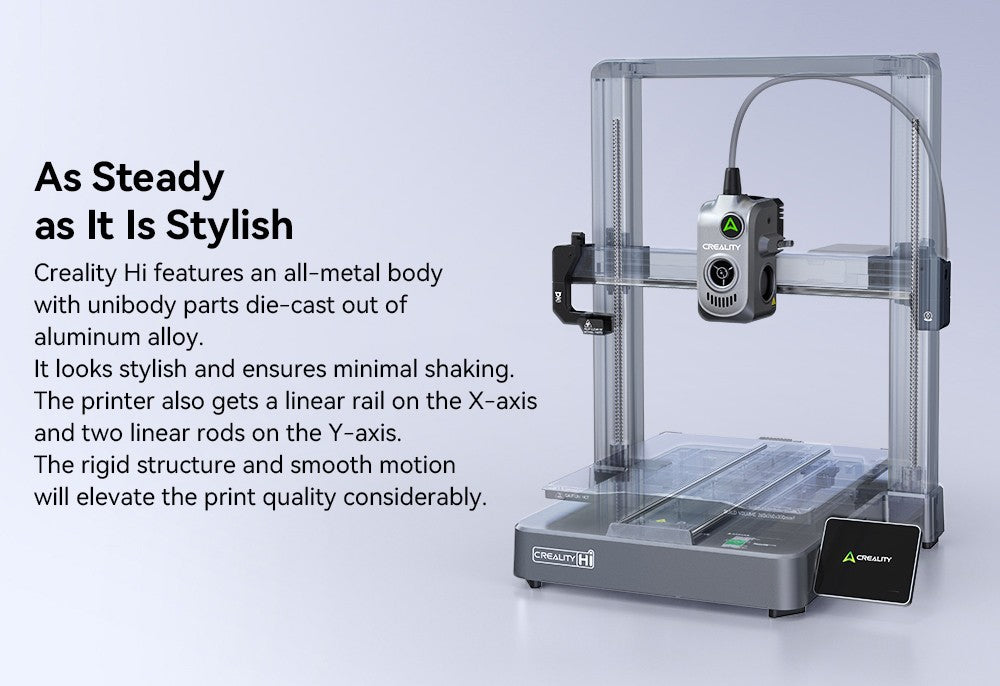 Creality Hi Combo, Sistema Multimaterial CFS, Impresión rápida a 500 mm/s, Cámara de monitorización con tapa de privacidad, Hasta 16 colores, Calibración automática, Nivelación automática de la cama, Reducción de la inclinación del eje X, Cuerpo totalmente metálico, 260*260*300 mm