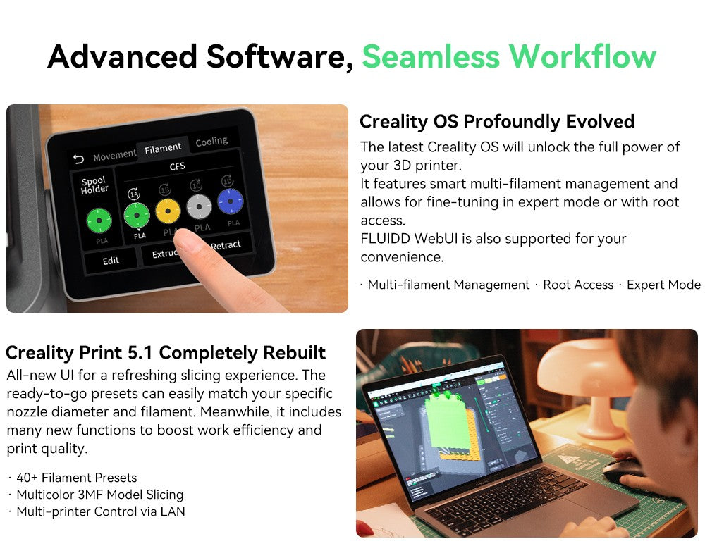 Creality Hi Combo, Sistema Multimaterial CFS, Impresión rápida a 500 mm/s, Cámara de monitorización con tapa de privacidad, Hasta 16 colores, Calibración automática, Nivelación automática de la cama, Reducción de la inclinación del eje X, Cuerpo totalmente metálico, 260*260*300 mm
