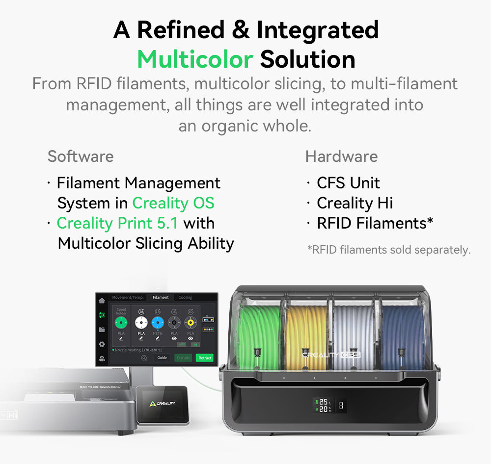 Creality Hi Combo, Sistema Multimaterial CFS, Impresión rápida a 500 mm/s, Cámara de monitorización con tapa de privacidad, Hasta 16 colores, Calibración automática, Nivelación automática de la cama, Reducción de la inclinación del eje X, Cuerpo totalmente metálico, 260*260*300 mm