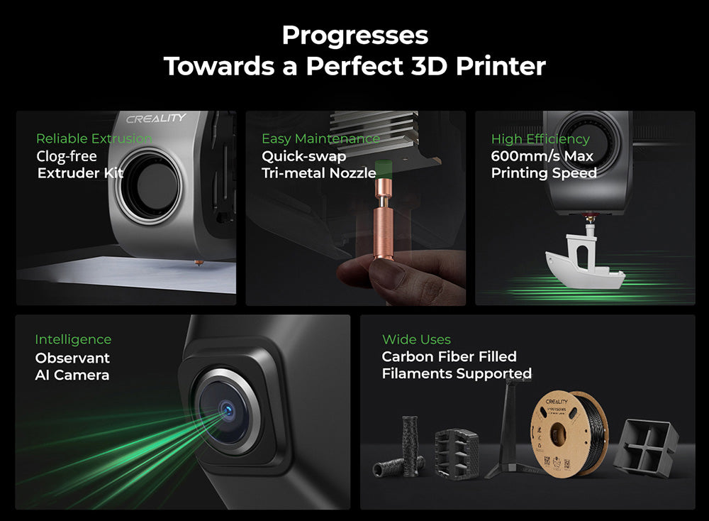 Impresora 3D Creality K1C, velocidad máxima de 600 mm/s, nivelación automática, cámara con IA, boquilla de cambio rápido, extrusor totalmente metálico, imprime fibra de carbono, filtro de aire y modo silencioso.
