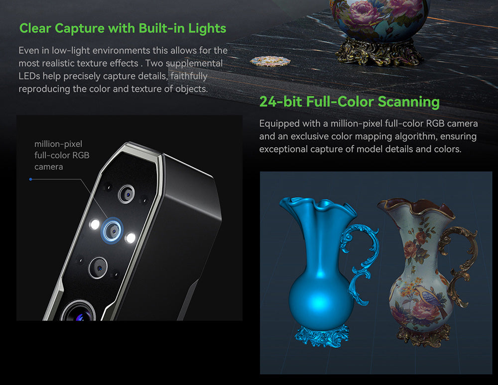 Escáner 3D Creality CR Scan Otter, velocidad de escaneo de 20 fps, precisión de 0,02 mm, visión estéreo de 4 lentes, escaneo a todo color de 24 bits, 8 luces infrarrojas.
