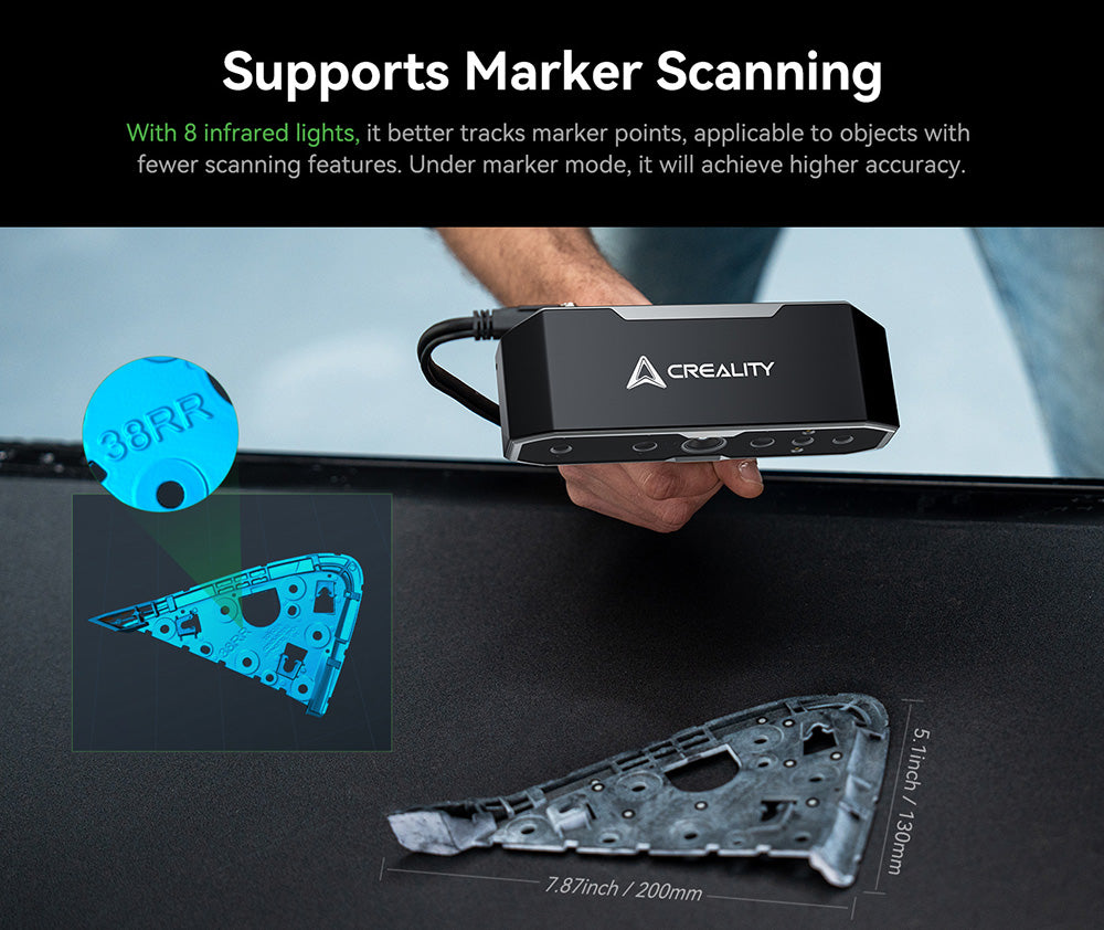 Escáner 3D Creality CR Scan Otter, velocidad de escaneo de 20 fps, precisión de 0,02 mm, visión estéreo de 4 lentes, escaneo a todo color de 24 bits, 8 luces infrarrojas.