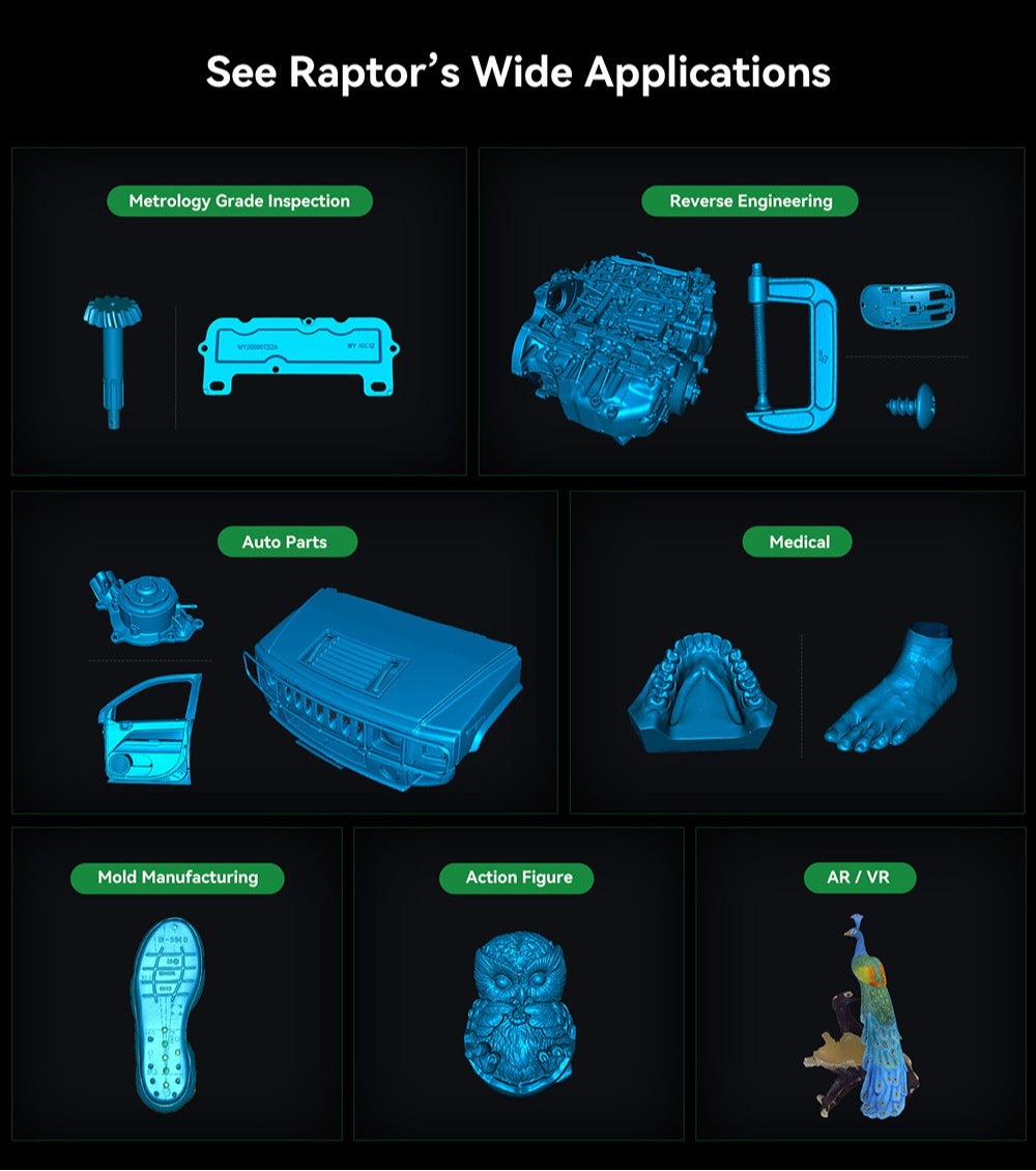 Escáner 3D Creality Raptor, Láser azul híbrido NIR, Velocidad de escaneo de 60 fps, Objetos entre 5-2000 mm, Escaneo a todo color de 24 bits, Precisión de 0,02 mm, Antivibración.