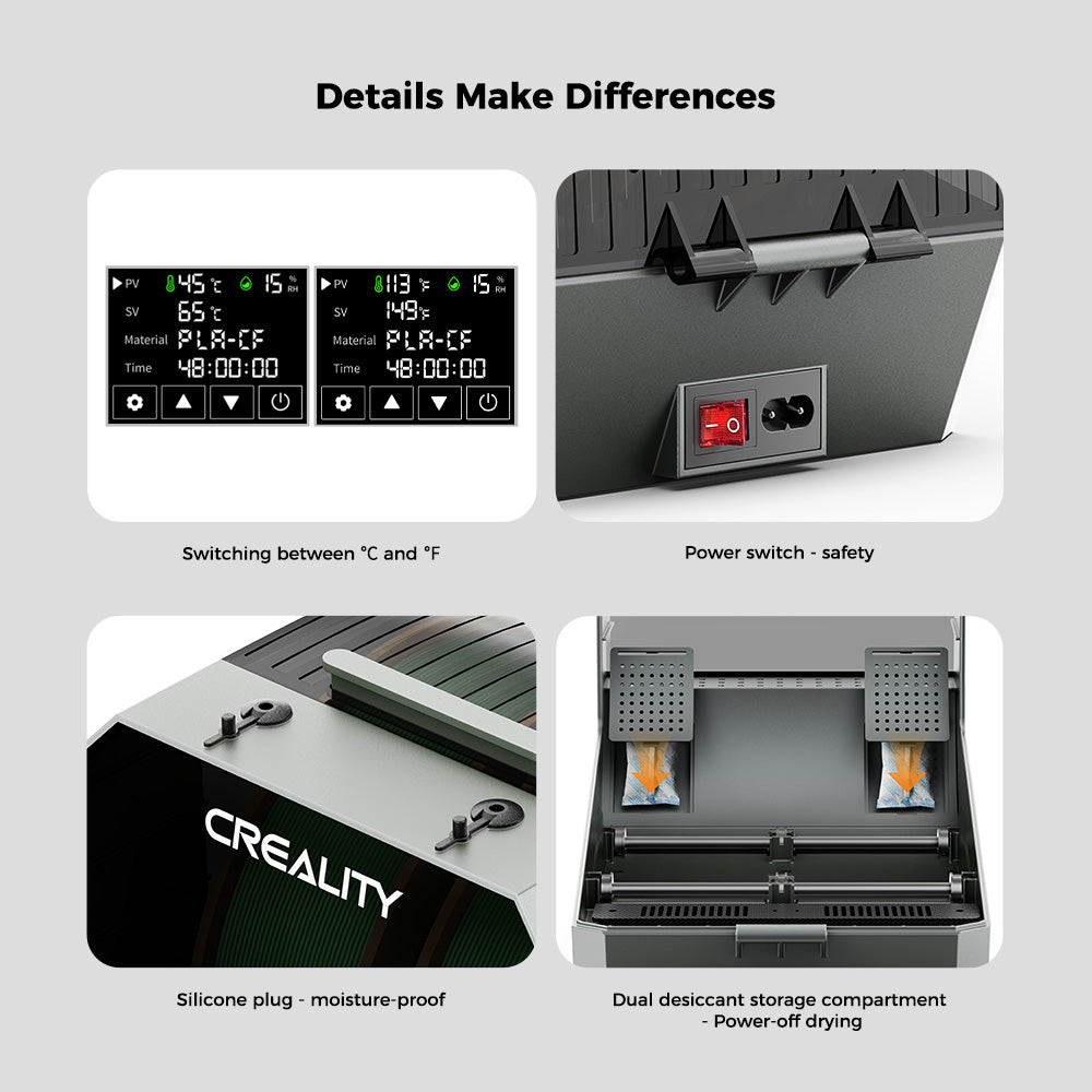 Secador de filamento Creality Space Pi Plus para impresora 3D, capacidad para 2 rollos, calentamiento por aire caliente PTC de 360 grados, temporizador de 48 horas, pantalla táctil LCD.