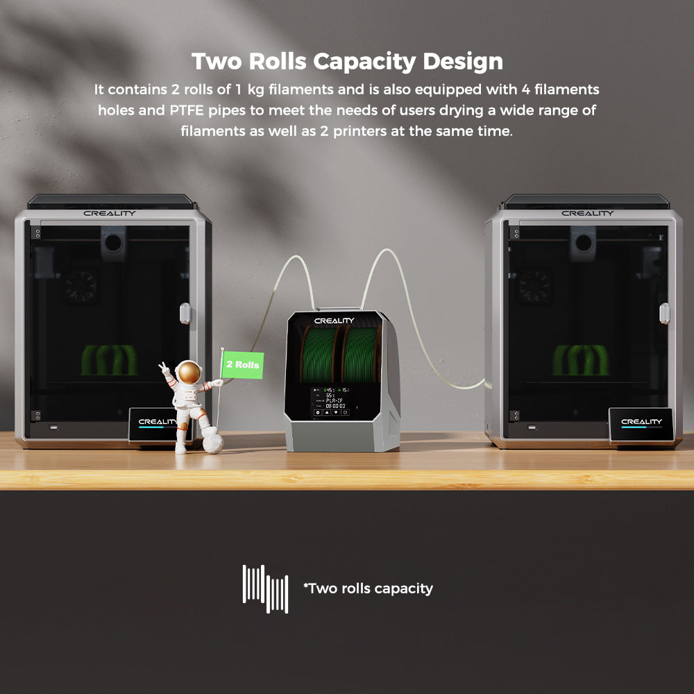 Secador de filamento Creality Space Pi Plus para impresora 3D, capacidad para 2 rollos, calentamiento por aire caliente PTC de 360 grados, temporizador de 48 horas, pantalla táctil LCD.